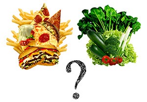 grafica con junk food e verdure verdi e punto di domanda