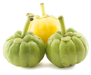 2 frutti verdi di garcinia cambogia e 1 frutto giallo a forma di zucca