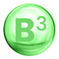 Sfera verde con scritta B3 che rappresenta la vitamina B3 su uno sfondo bianco.