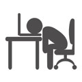 fumetto omino annoiato che si siede sulla sedia ufficio con la testa appoggiata sul computer sul tavolo