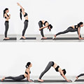 5 foto di donna in palestra che fa diverse posizioni yoga