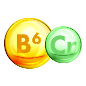 Disegno della palla arancione scritta B6, ripetendo la vitamina B6 e palla verde scritta Cr, che rappresenta il cromo Disegno della palla arancione scritta B6, ripetendo la vitamina B6 e palla verde scritta Cr, che rappresenta il cromo