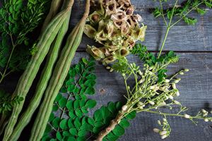 polvere di moringa verde in ciotola marrone su tavolo marrone