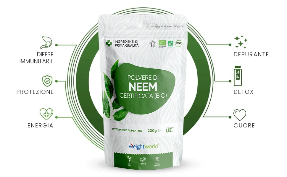 infografica con benefici di polvere di neem biologica per cuore sistema immunitario e detox di tutto organismo
