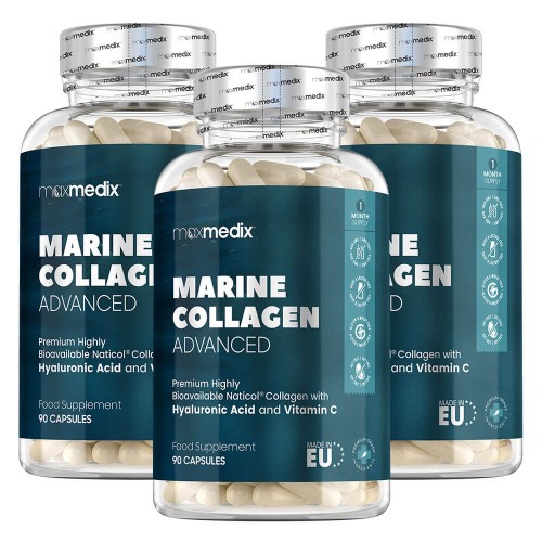 Marine Collagen Advanced 1500mg - Skin Joint & Muscle Formula, Hyaluronic Acid + CoQ10, Zinc & Vitamin C, 1200mg Per Serving - 90 Capsules - 3 Pack