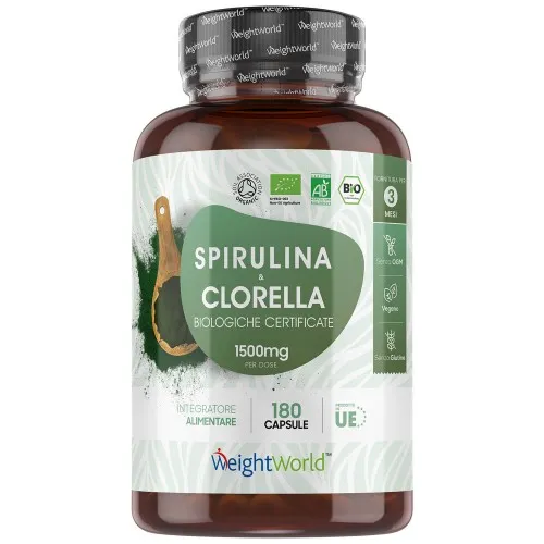 Spirulina e clorella Bio - 750 mg 180 capsule - Integratore per la salute generale e la gestione del peso  - 3 mesi di fornitura 