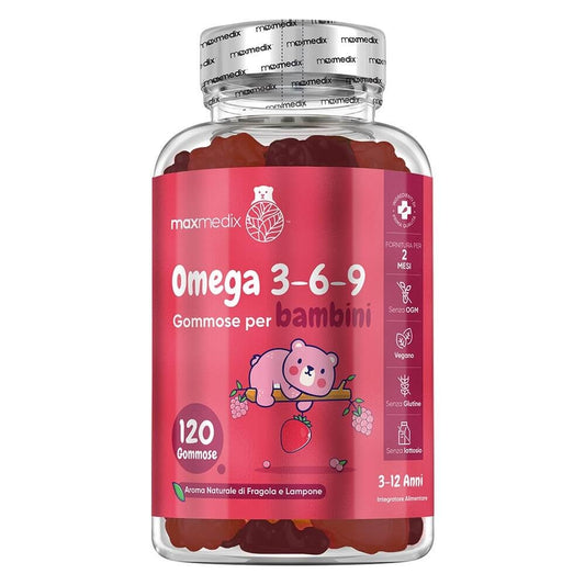 Confezione Gummies con Omega 3 6 e 9 per bambini al gusto di fragola e lampone