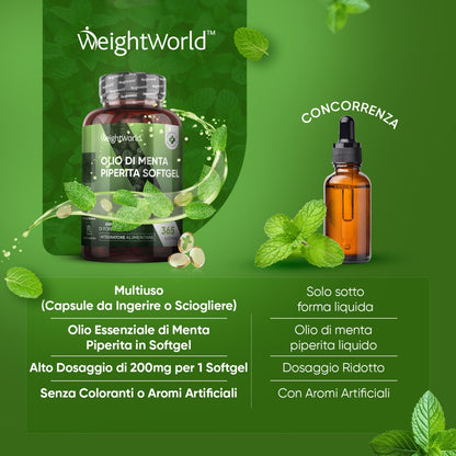Le softgel all’olio di menta piperita WeightWorld sono completamente naturali, senza ogm, senza glutine e senza lattosio