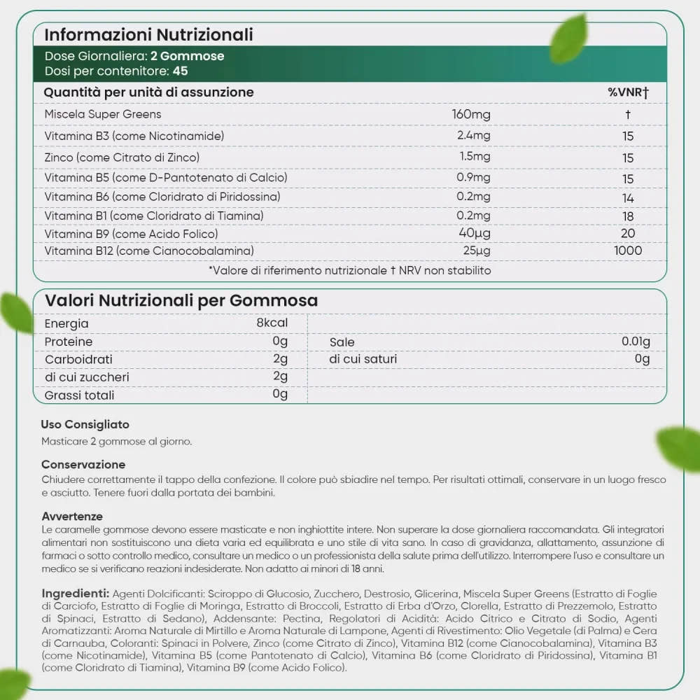 Tabella Informazioni Nutrizionali Super Greens Gummies WeightWorld