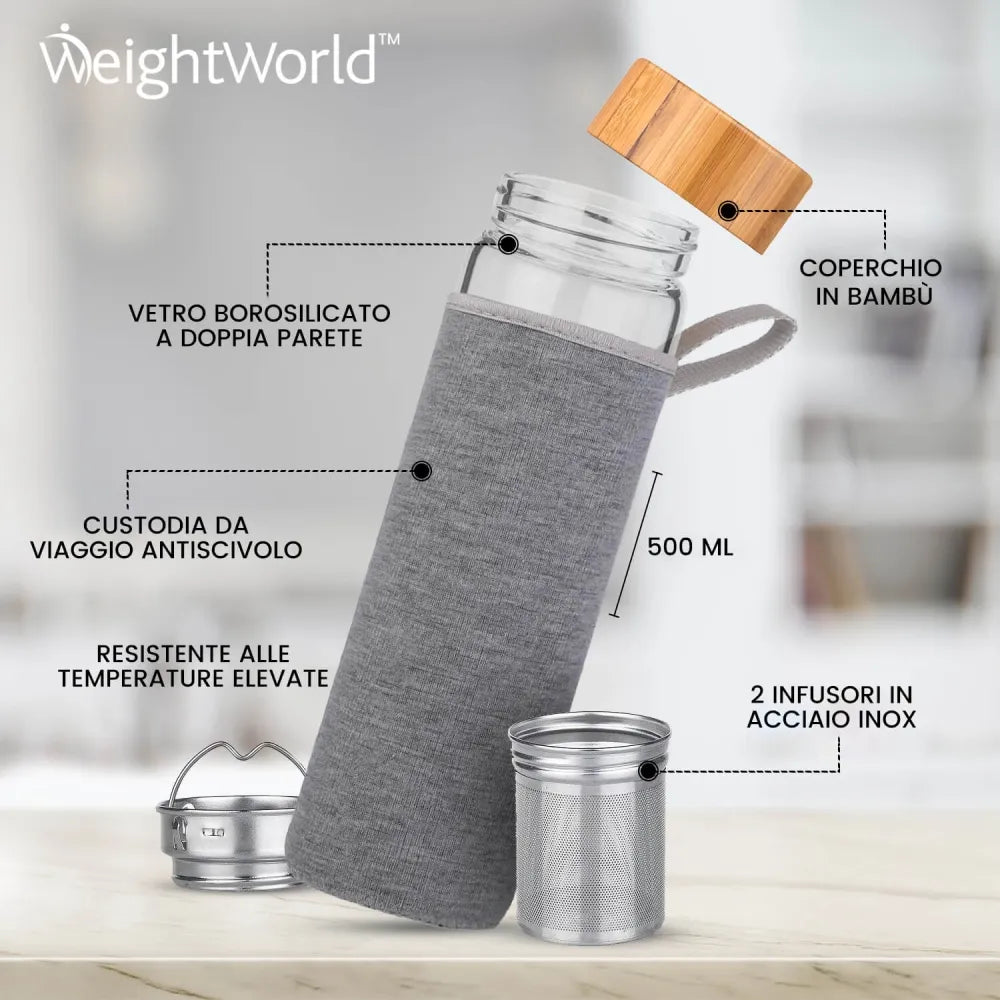 Caratteristiche della Borraccia Termica con Infusore WeightWorld con vetro borosilicato a doppia parete, coperchio in bamboo anti-spill e infusori in acciaio inox