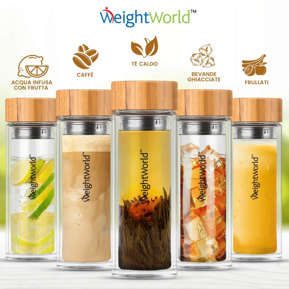 La borraccia termica con infusore WeightWorld ti permette di preparare e portare con sé diverse bevande tra cui tè, caffè, infusi, frullati e bevande fredde.