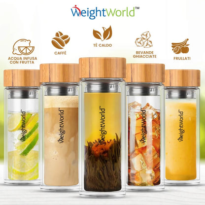 La borraccia termica con infusore WeightWorld ti permette di preparare e portare con sé diverse bevande tra cui tè, caffè, infusi, frullati e bevande fredde.
